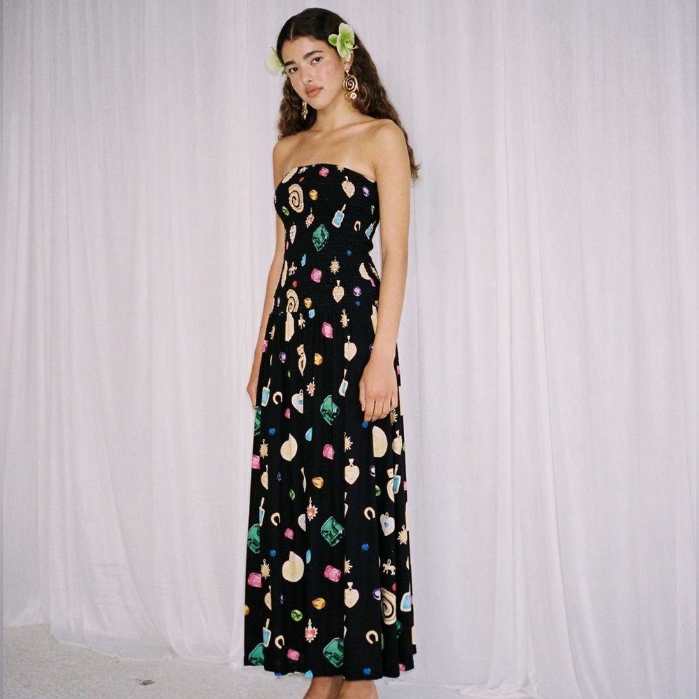 Wolf Gang Anthropologie Alyss Strapless Maxi Dress in Noir Charm Shirred Bodice
